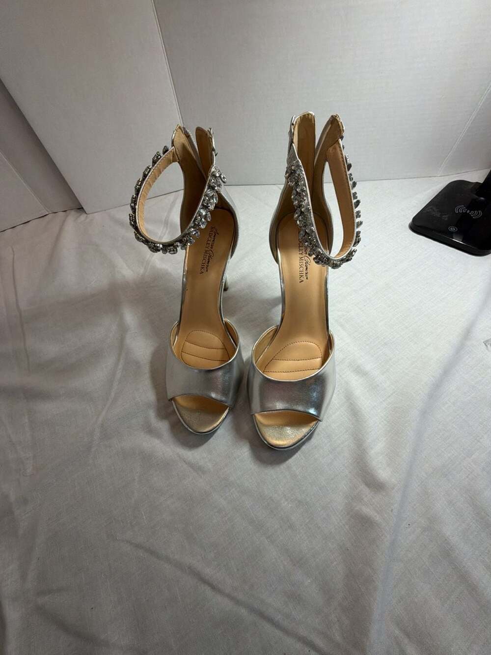American Glamour Badgley Mischka Silver Rhinestone Ankle Strap Stiletto Heels